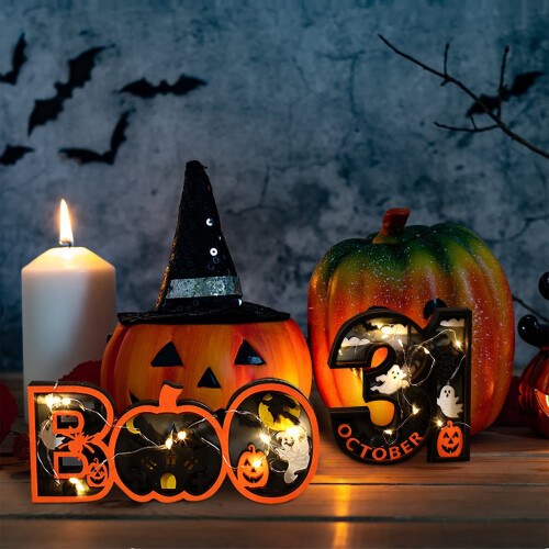 Ξύλινο στολίδι για το Halloween με φωτεινό, τρομακτικό σχέδιο, 1 τεμάχιο 2