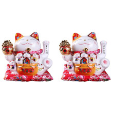 2pcs 7Inch Ceramic Beckoning Cat Maneki Neko Ornament Feng Shui Decoration Swing Lucky Cat,A