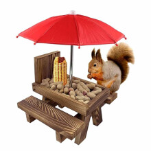 Squirrel Feeder Picnic Table with Umbrella,Wooden Squirrel Feeders for Outside,Cute Chipmunk Feeder+Solid Structure A