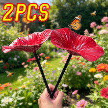 (2PCS Red) 2 Pack Handmade Metal Garden Plant Stake/Outdoor Decorative Bird Feeder/Bee Watering Station/Insert Ground Tray Feeder/Decorative