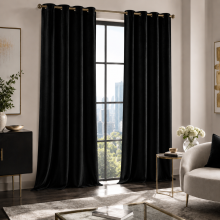 (BLACK, 66X90) THICK VELVET CURTAINS PAIR OF EYELET RING TOP SOFT