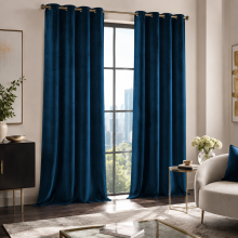 (BLUE, 90X90) THICK VELVET CURTAINS PAIR OF EYELET RING TOP SOFT