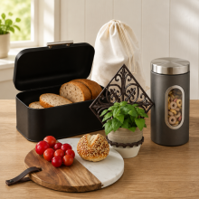 Set da cucina in stile retrò (4 pezzi) – Barattolo trasparente, tagliere, portapane e presina