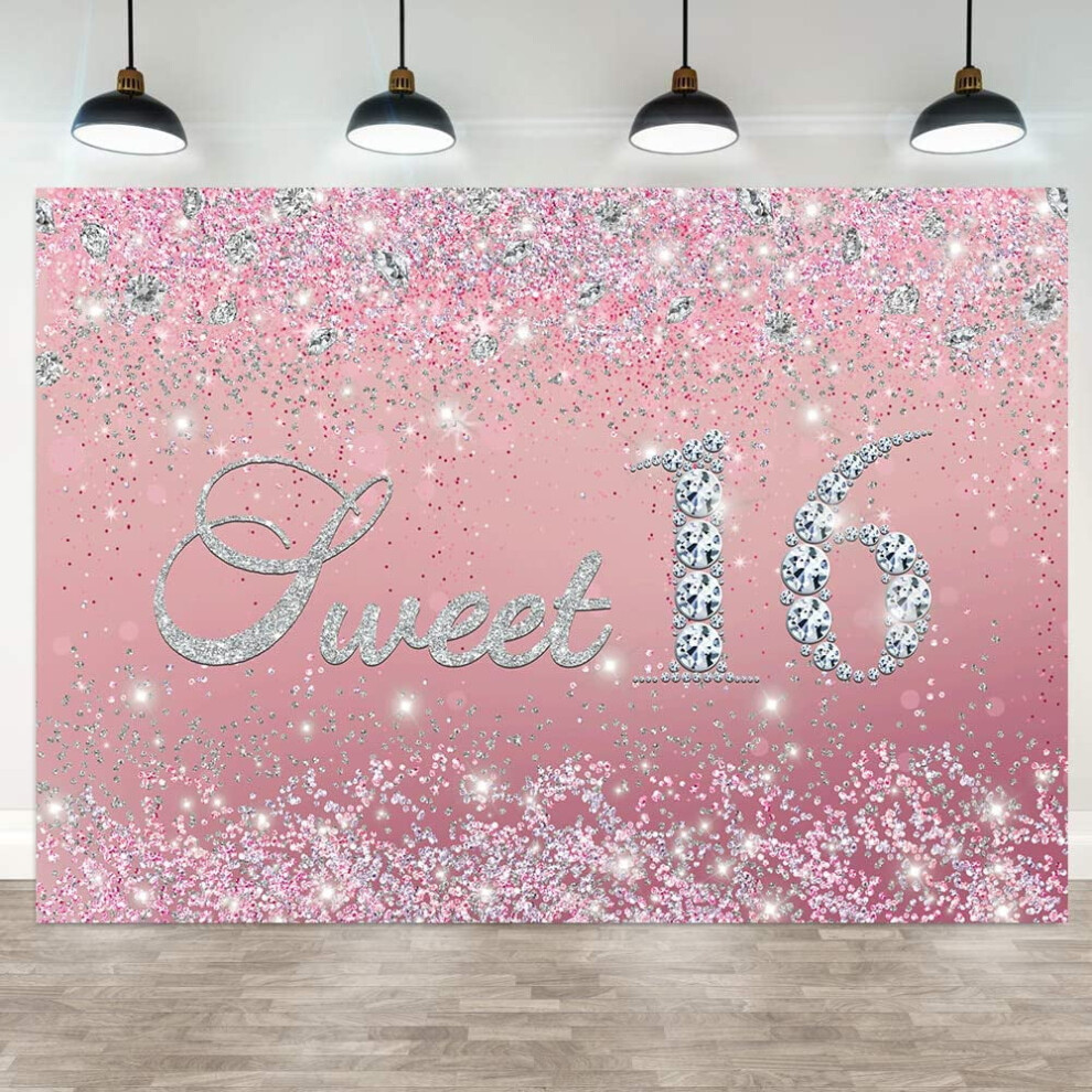 Sweet 16 Birthday Backdrop Glitter Diamonds 7X5 Ft Pink 9336866942248