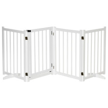 Barreira dobrável branca de quatro painéis para cães, ideal para escadas.