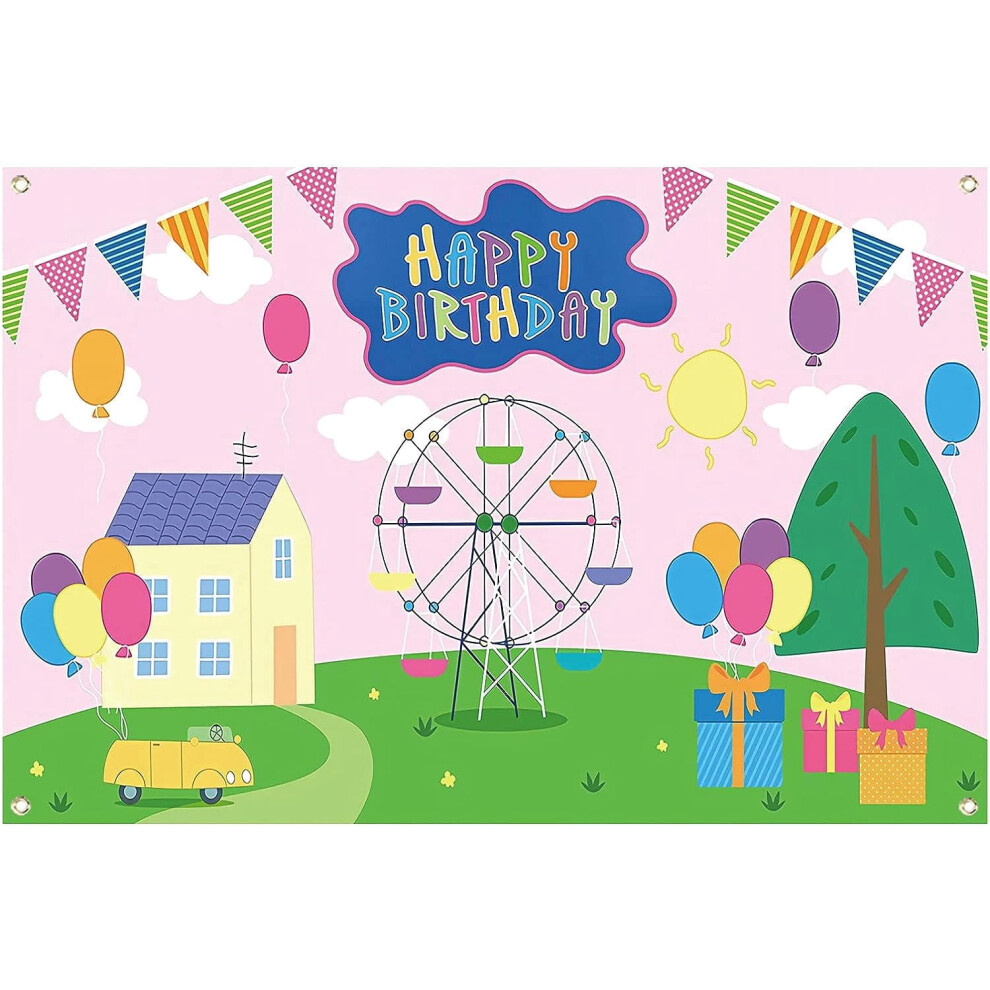 Pig Theme Birthday Backdrop Fabric 5X3 Ft 9336866942156