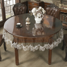(152cm) Round Clear PVC Tablecloth with Retro Double-Color Lace Embroidery, Transparent Table Cover Protector for Dining ,