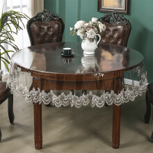 (122cm) Round Clear PVC Tablecloth with Retro Double-Color Lace Embroidery, Transparent Table Cover Protector for Dining ,