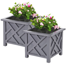 (Grey) Set of 2 | Lattice Design Planter Box | Square Decorative Outdoor Flower or Plant Pot Container | Polypropylene