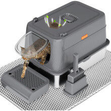 (Dark Grey) Stainless Steel Cat Litter Tray with Lid, Extra Large Enclosed Metal Litter Box with Litter Scoop&Double Layer Litter