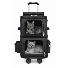 (Black) Double Layer Pet Carrier with Wheels for Cats and Small Dogs, Rolling Cat Carrier with Telescopic Handle, Soft Sided