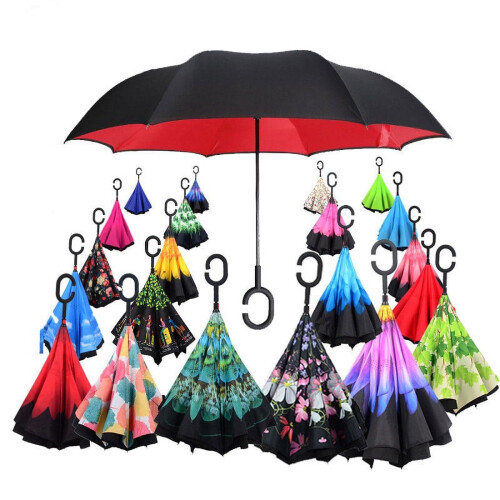 Windproof reverse umbrella with C-hook, double-layer folding 1
