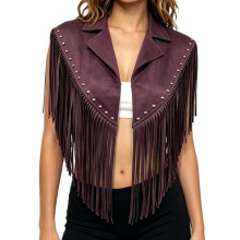 (One Size, Fuchsia) Women Vest Sleeveless Lapel Collar Riveted Tasseled Irregular Outwear Gilet