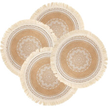 Juego de 4 manteles individuales redondos, color beige, estilo bohemio y blanco.