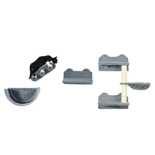 Conjunto de 4 prateleiras de parede para gatos com postes de sisal cinza. 1
