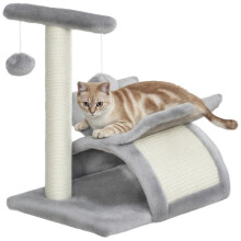 Arranhador cinza para gatos de pequeno porte com poste giratório.