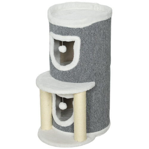 Arranhador cinza para gatos com duas tocas e bolas. 1
