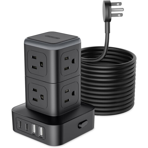Power Strip Tower Surge Protector 15 FT 8 AC 4 USB