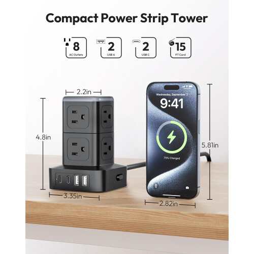 Power Strip Tower Surge Protector 15 FT 8 AC 4 USB 2