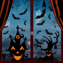 HKUKY4Pcs Halloween-klistermærker Gyserstemning Vinduesglasdekorationsklistermærker PVC-vægklistermærker Halloween-flagermusklistermærker
