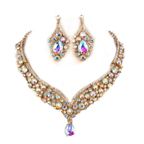 Set da donna composto da girocollo e orecchini a goccia con strass. 1