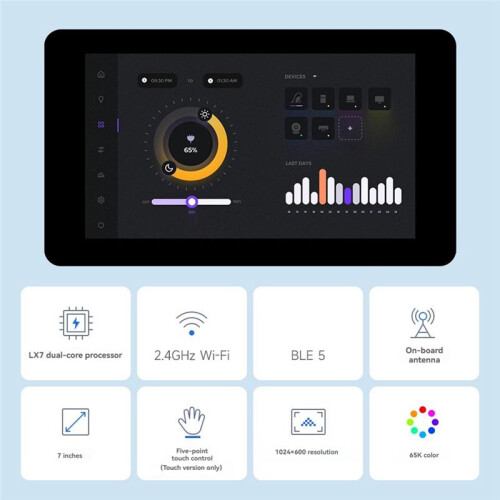ESP32-S3 Tela Sensível Ao Toque LCD de 7 Polegadas com Resolução de 1024x600 e Sensor N16R8 CAN RS485 Compatível com WiFi e 2