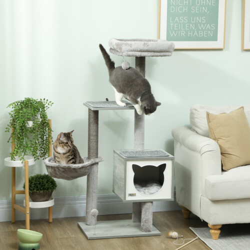 Arranhador cinza para gatos com rede e cama em forma de caverna. 2