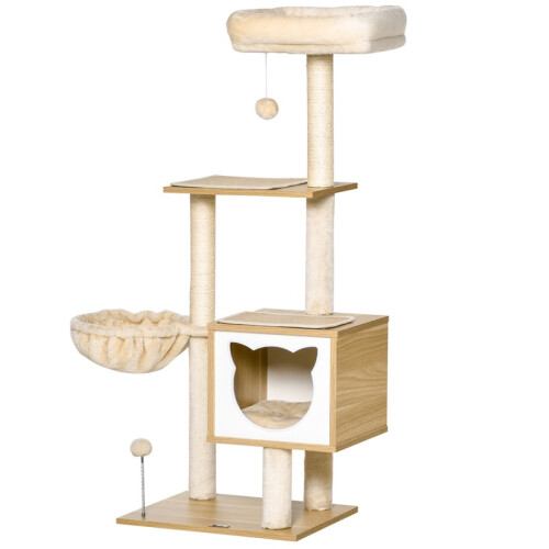 Arranhador bege para gatos com rede e cama em forma de caverna. 1