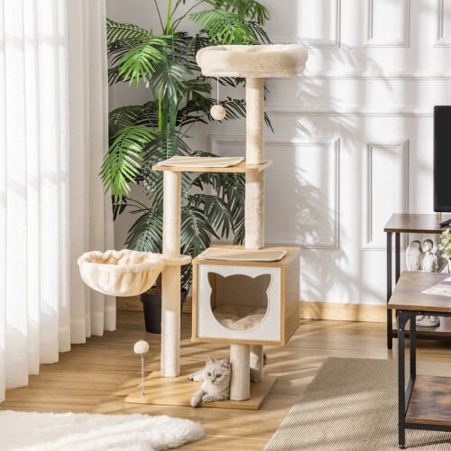 Arranhador bege para gatos com rede e cama em forma de caverna. 2