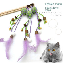 Cat toy brush holder with feather and bell, interactive