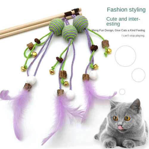 Cat toy brush holder with feather and bell, interactive