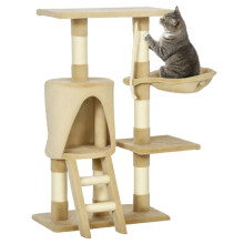 Árvore para gatos marrom para uso externo, com corda e plataforma de madeira.