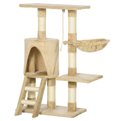 Árvore para gatos marrom para uso externo, com corda e plataforma de madeira. 1