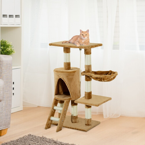 Árvore para gatos marrom para uso externo, com corda e plataforma de madeira. 2