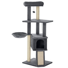 Arranhador cinza para gatos com toca e rede, 127 cm