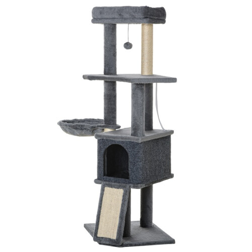 Arranhador cinza para gatos com toca e rede, 127 cm 1