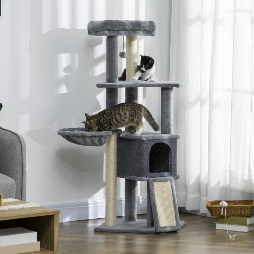 Arranhador cinza para gatos com toca e rede, 127 cm 2