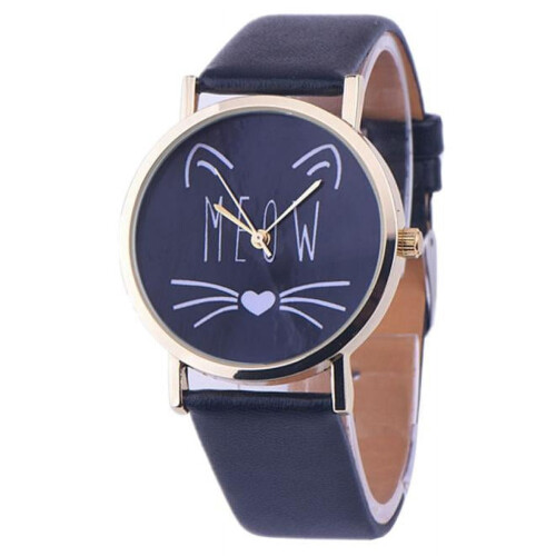 Women's leather band analog quartz watch with cat pattern