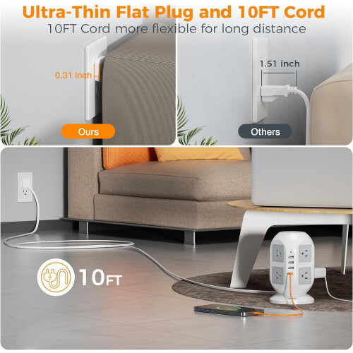 Tower surge protector power strip with 8 AC outlets and 4 1