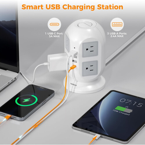 Tower surge protector power strip with 8 AC outlets and 4 2