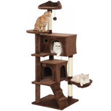 Arranhador marrom para gatos com rede e escada.