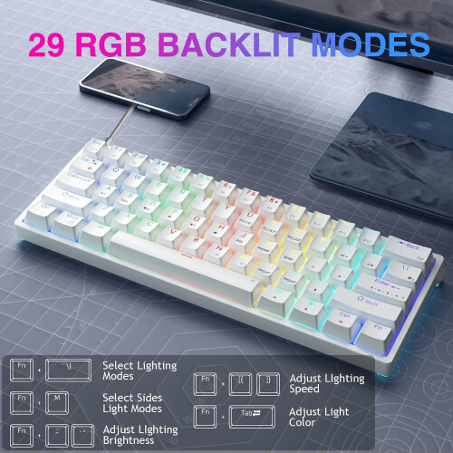 White Mechanical Gaming Keyboard 60% RGB Red Switch 2