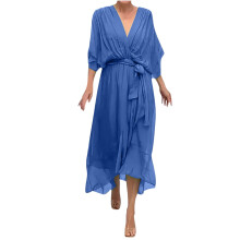 Women's Chiffon Dress with Batwing Sleeves V Neck Elastic