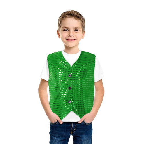 AWZXDE Kids V-Neck Sleeveless Solid Vest with Sequins Green 1