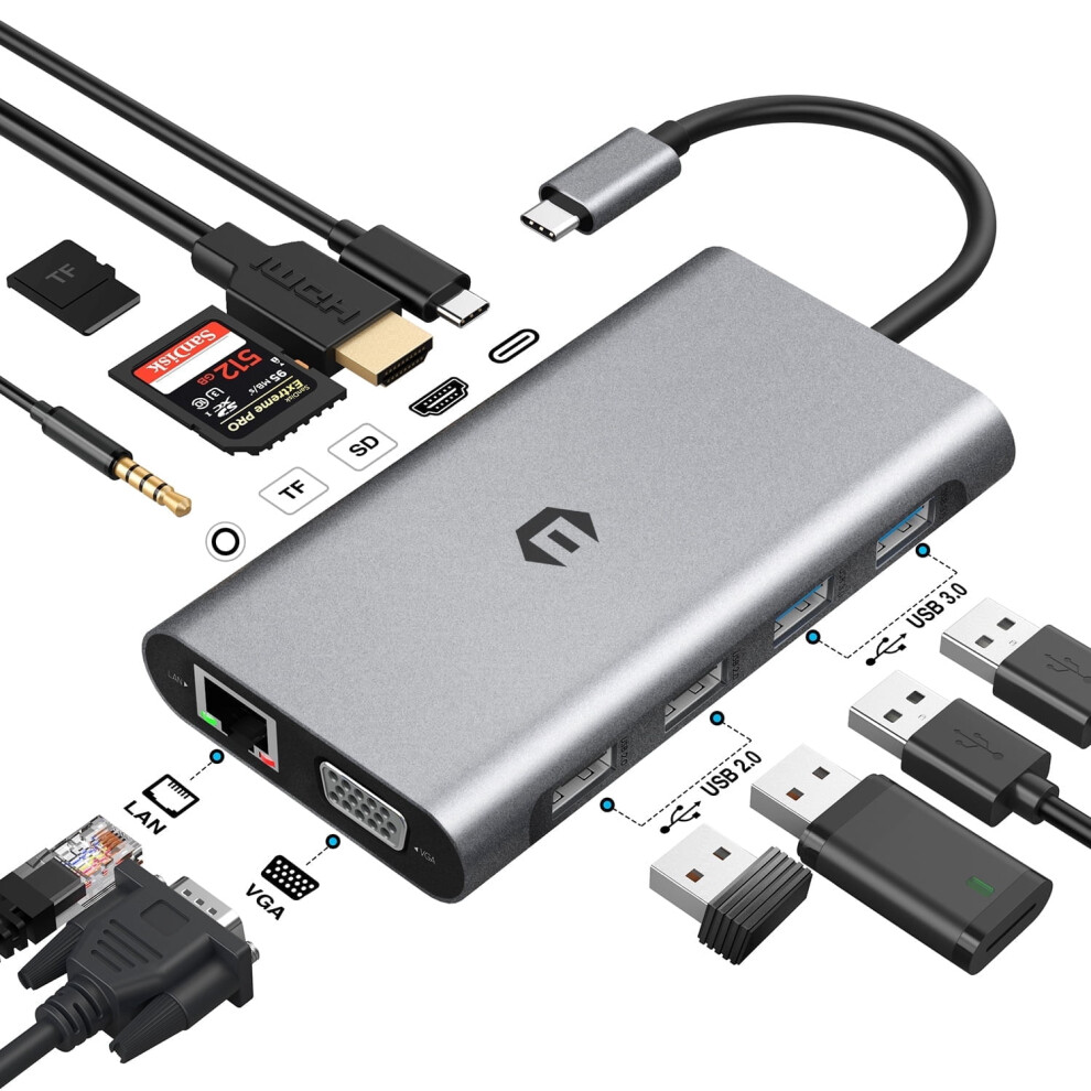 Usb C Hub 4K Hdmi Vga Ethernet Pd 4 Usb Sd Tf 9336866007282