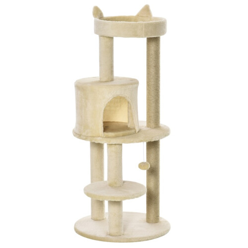 Arranhador bege para gatos com plataforma em forma de caverna e bola. 1