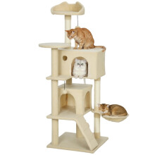 Arranhador bege para gatos com rede e escada.