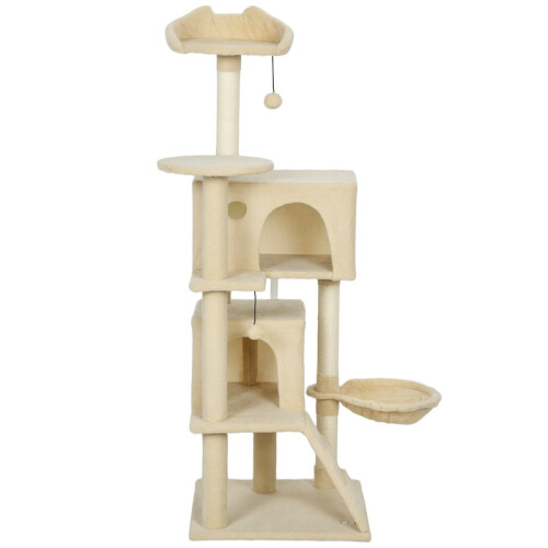 Arranhador bege para gatos com rede e escada. 1