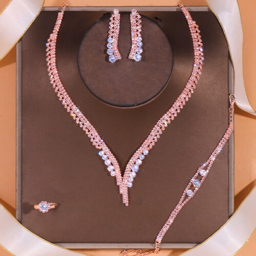 Set di gioielli da donna con strass, oro rosa, 4 pezzi 2