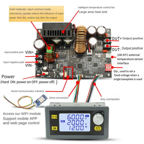 1200W  CNC Antihypertensive Boost Converter 6-70V Adjustable Power Supply Input Constant Voltage Solar Charging Module 1